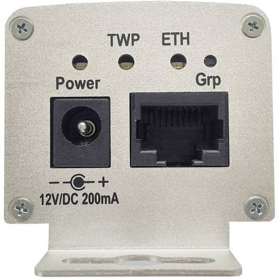Metal plate with two connections: on the left, a round power socket marked 'Power', on the right an Ethernet socket marked 'ETH'.