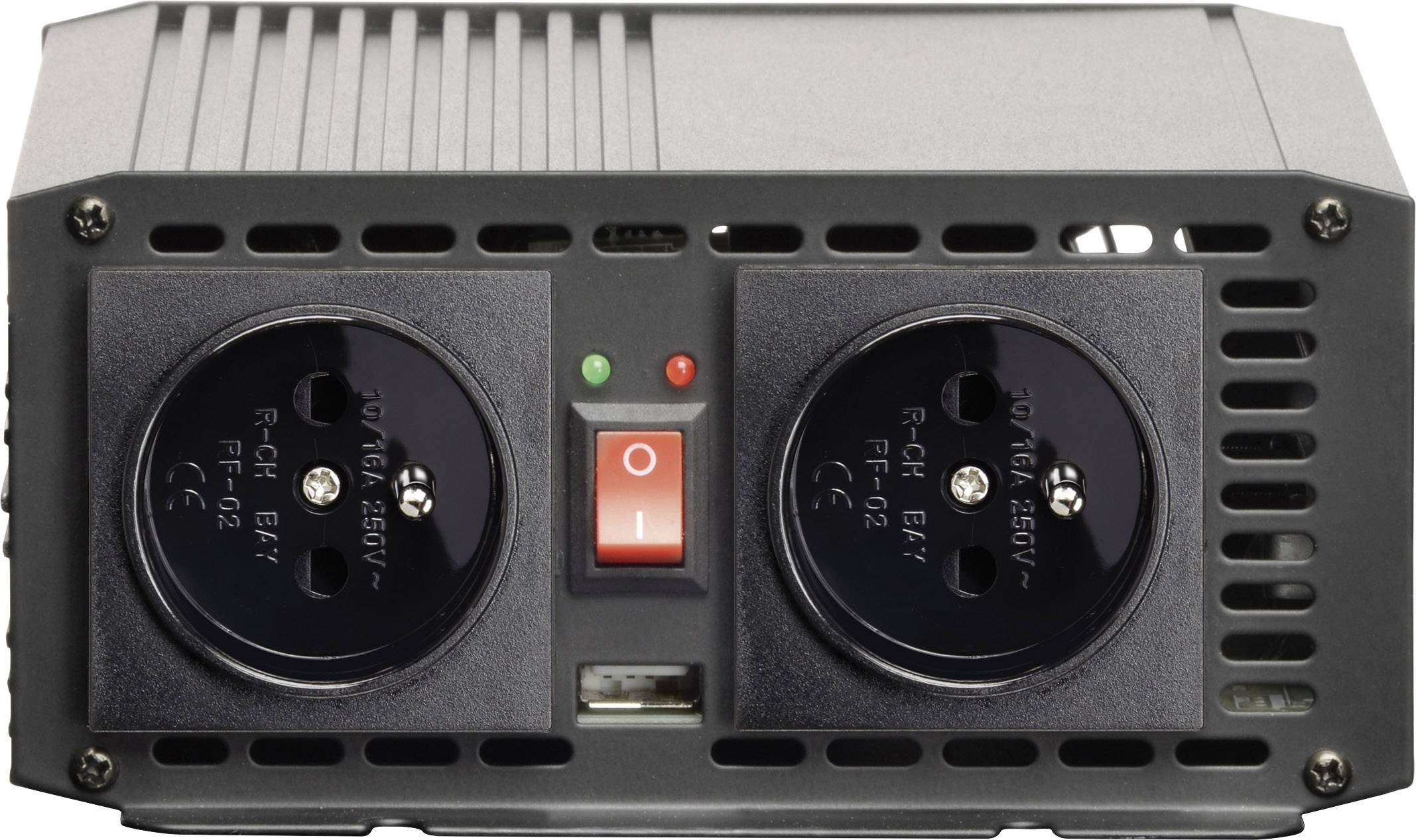 A grey voltage converter with two power sockets, a red on/off switch, two green and one red indicator lights.