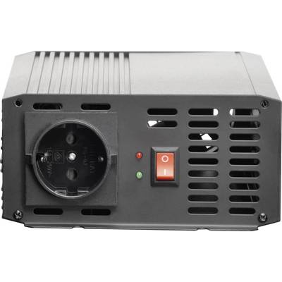 Black electrical device with a socket on the left, two LED indicators (red and green) and a red on/off switch on the right.