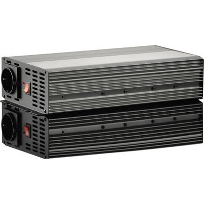 'Two black voltage converters with ventilation slots and on/off switches, stacked. They convert direct current into alternating current.'