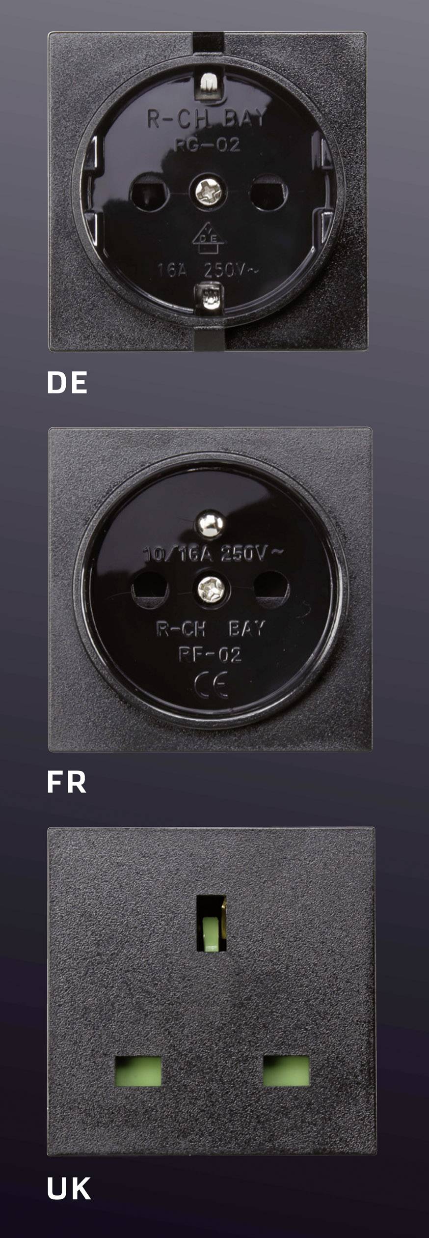 'Illustration of three plug socket types: top DE (Germany), middle FR (France), bottom UK (United Kingdom)'