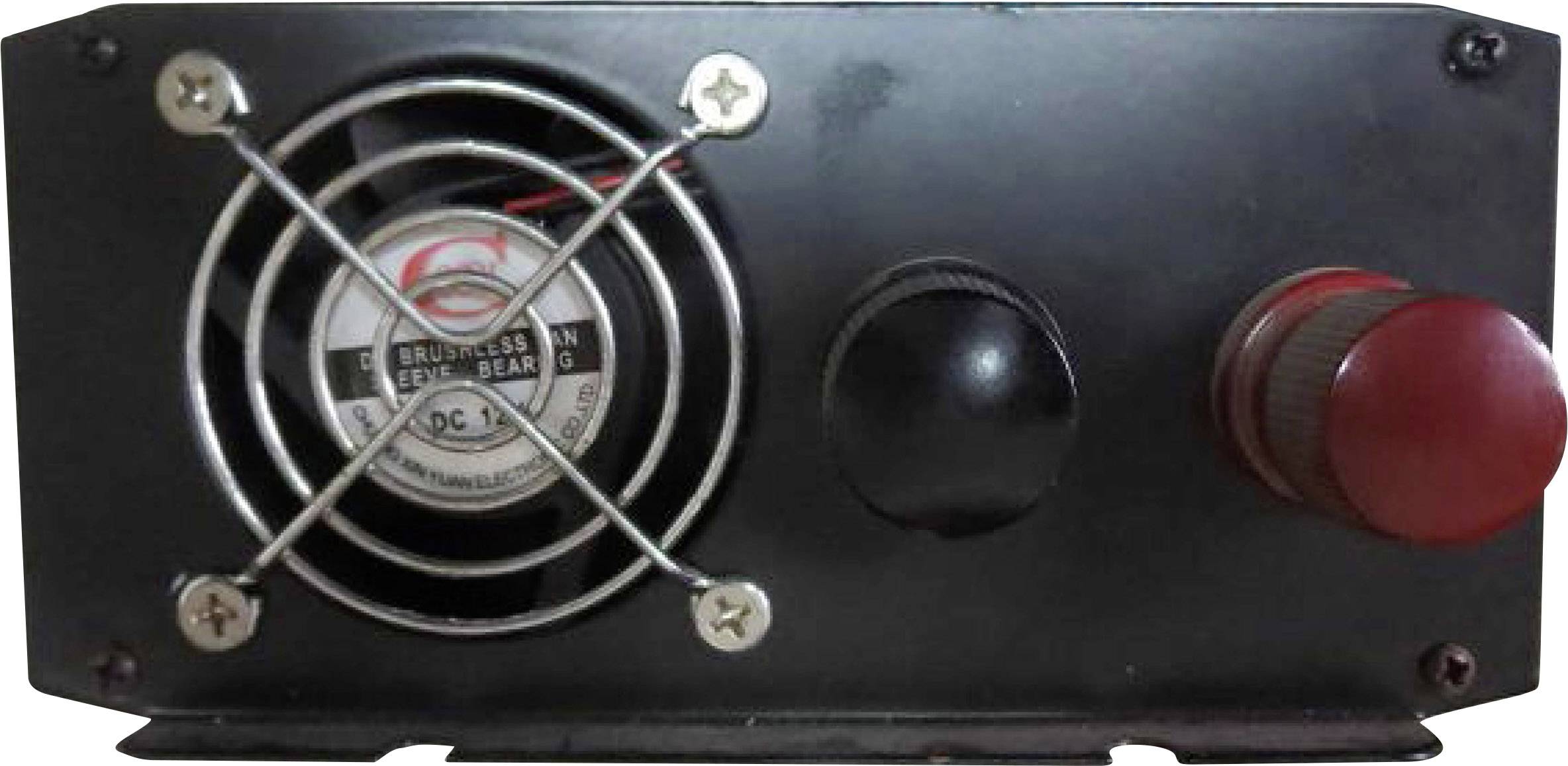 A fan with a protective grille, next to two rotary switches, mounted on a metal plate.