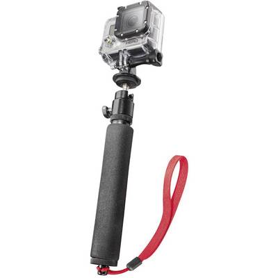A GoPro camera in a protective case, mounted on a black, extendable selfie stick with a red lanyard.
