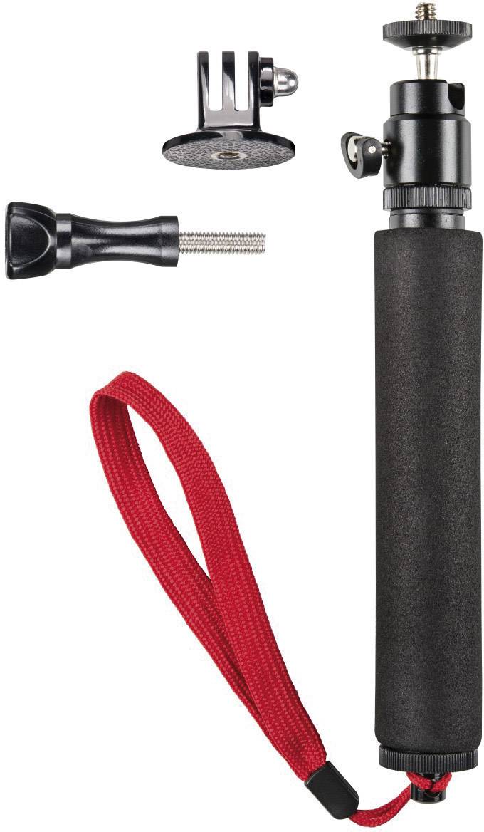 Selfie stick with a detachable head, mount and red wrist strap, suitable for camera or smartphone attachment.