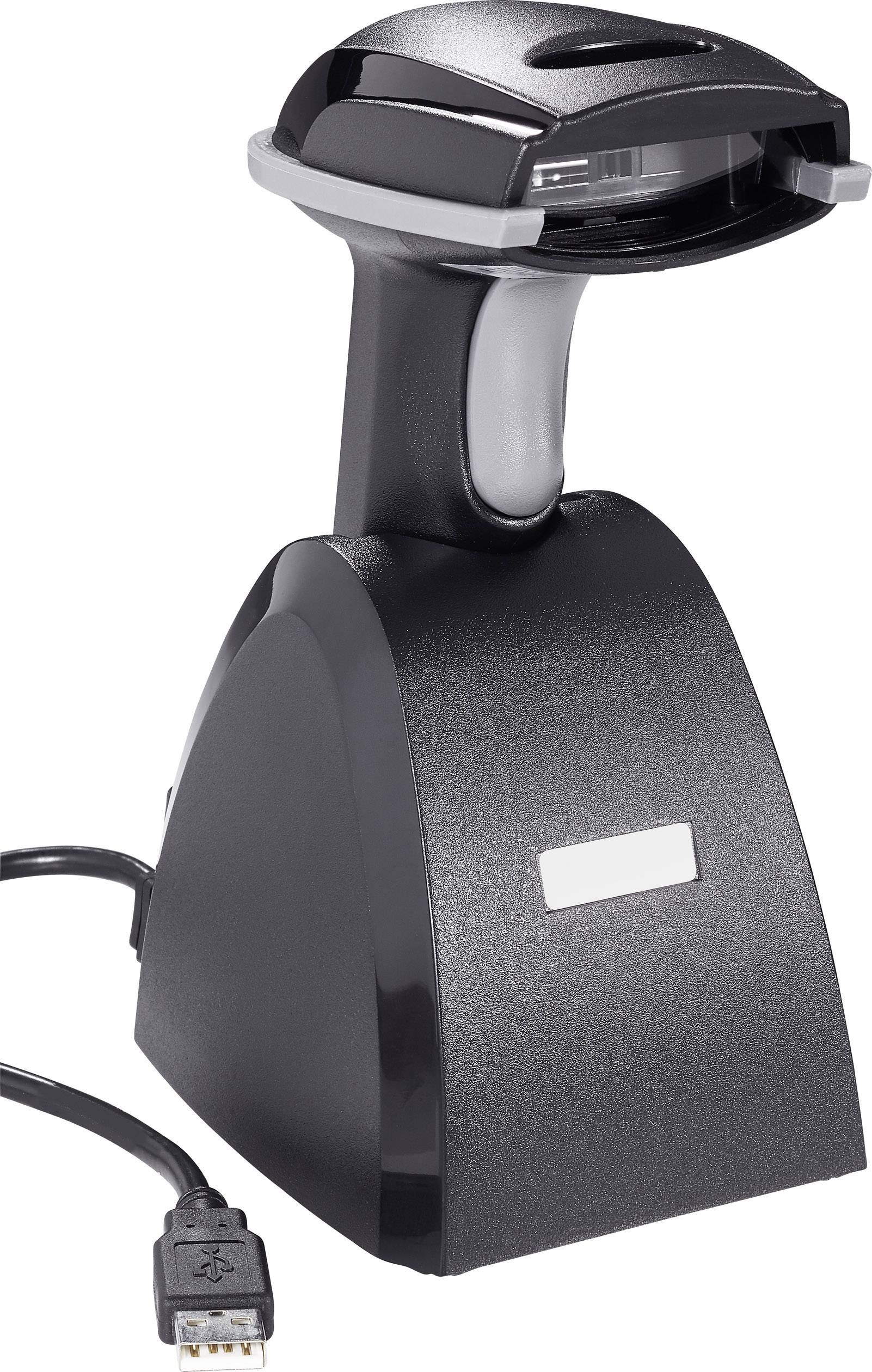 A black handheld scanner on a charging station with a USB cable, used for scanning barcodes in sales or inventory management.