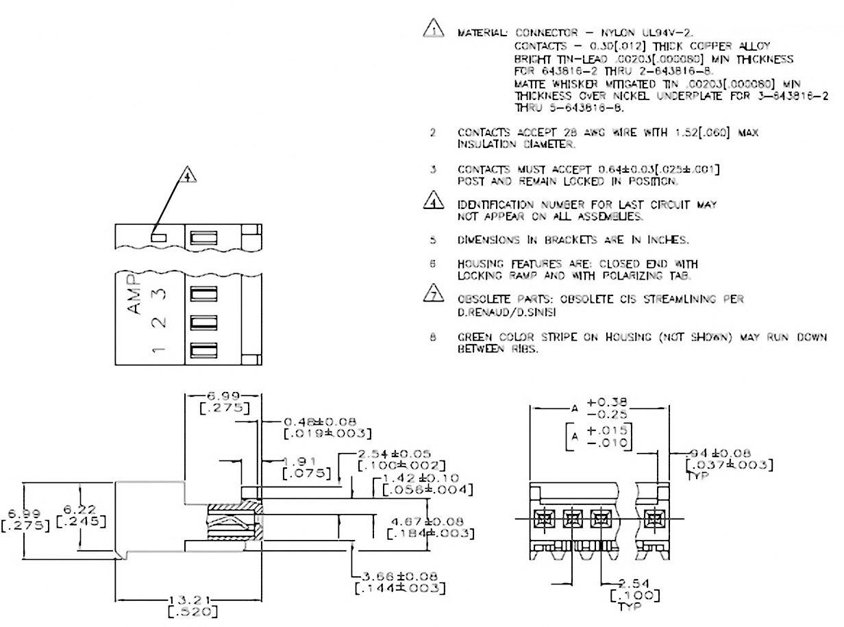 Technical drawing of an electrical connector with specifications for dimensions, materials, and connection details.