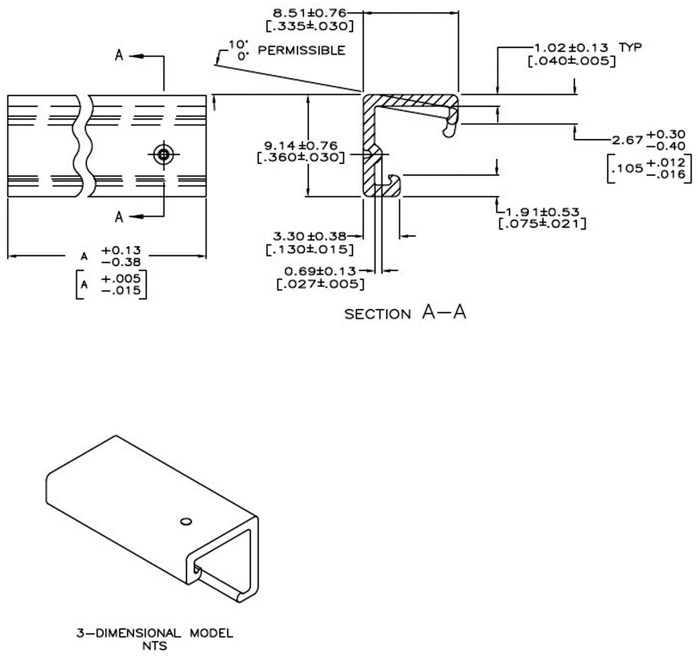 Technical drawing of a metal profile with dimensions and sections. Contains dimensioning, tolerances, and a perspective 3D model of the profile.