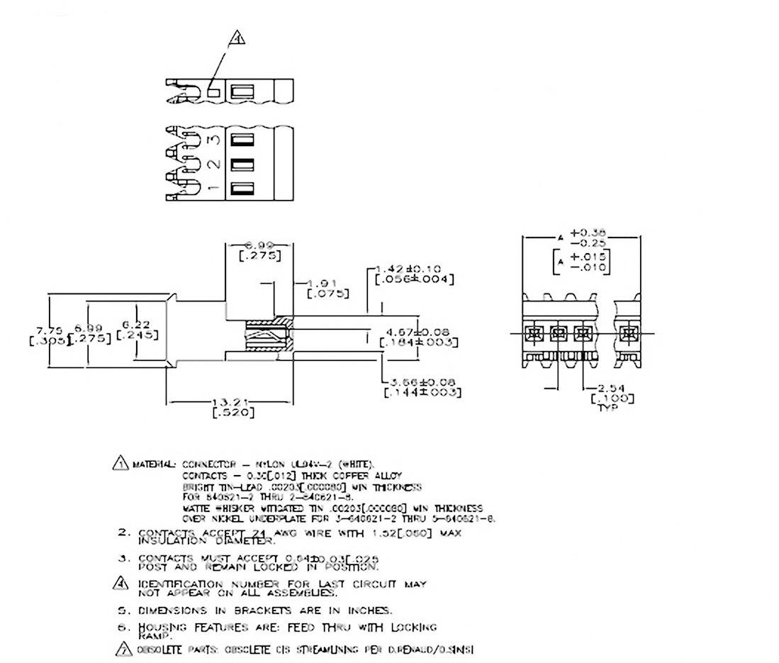 'Technical drawing of a rectangular connector with dimensions, parts list, material details, and electrical requirements.'