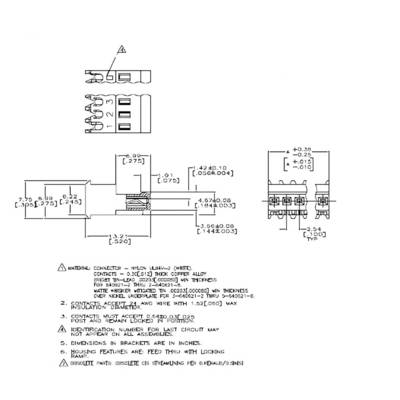 'Technical drawing of a rectangular connector with dimensions, parts list, material details, and electrical requirements.'