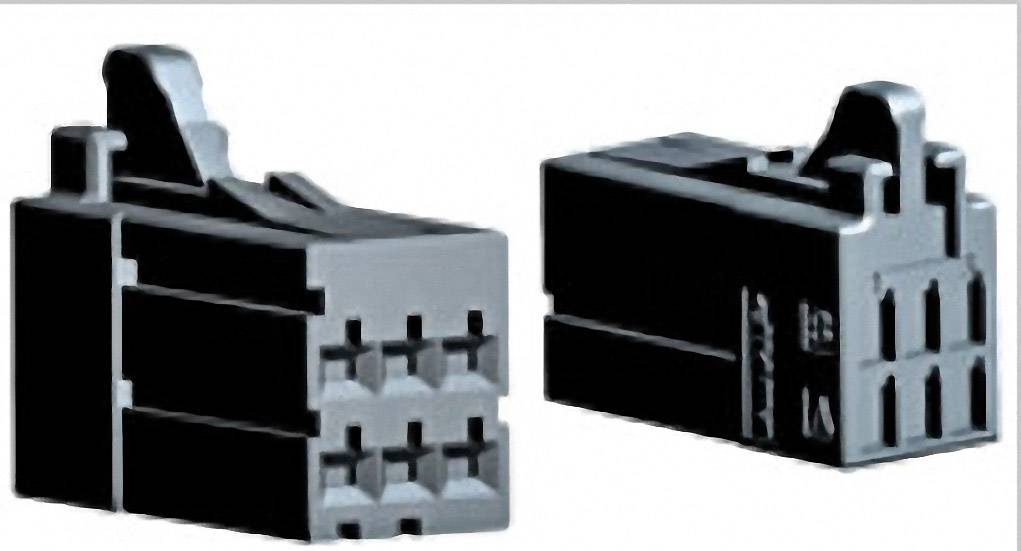 Two black connector plugs in close-up. On the left is the plug, on the right the socket. Both have six pins.