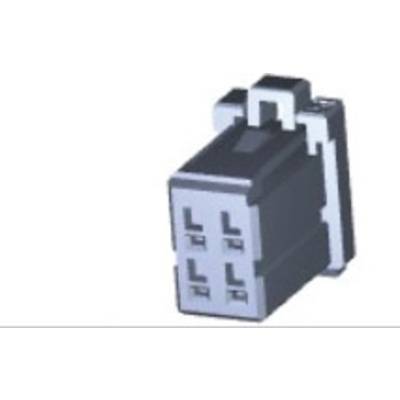 A black electrical connector with four vertical openings and a white locking mechanism on top.