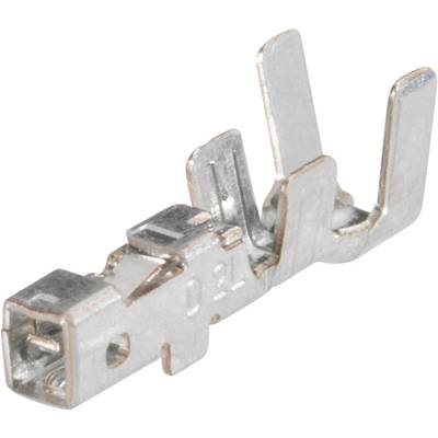 Silver metal contact plug with two lateral connection tabs and a flat end. Suitable for electrical connections.