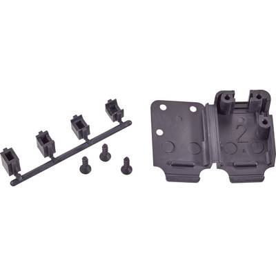 Plastic component of a furniture connector set with brackets and screws, used for the assembly and fastening of cabinet parts.