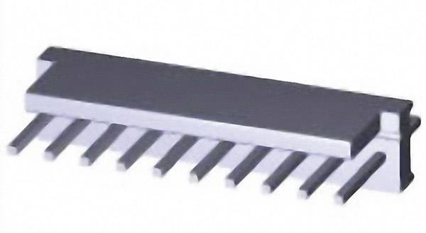 An integrated circuit with a silver casing and black pins protruding from the underside.