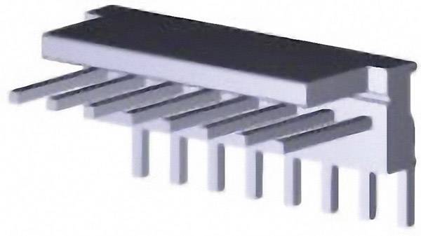 Diagram of an electronic component, consisting of a rectangular black casing with protruding metal pins on the sides.