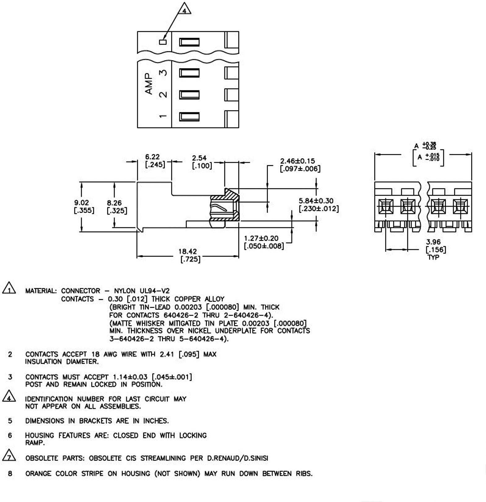'Technical drawing of a connector with dimensions and specifications. Shows material, contact sizes, and assembly instructions.'