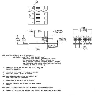 'Technical drawing of a connector with dimensions and specifications. Shows material, contact sizes, and assembly instructions.'