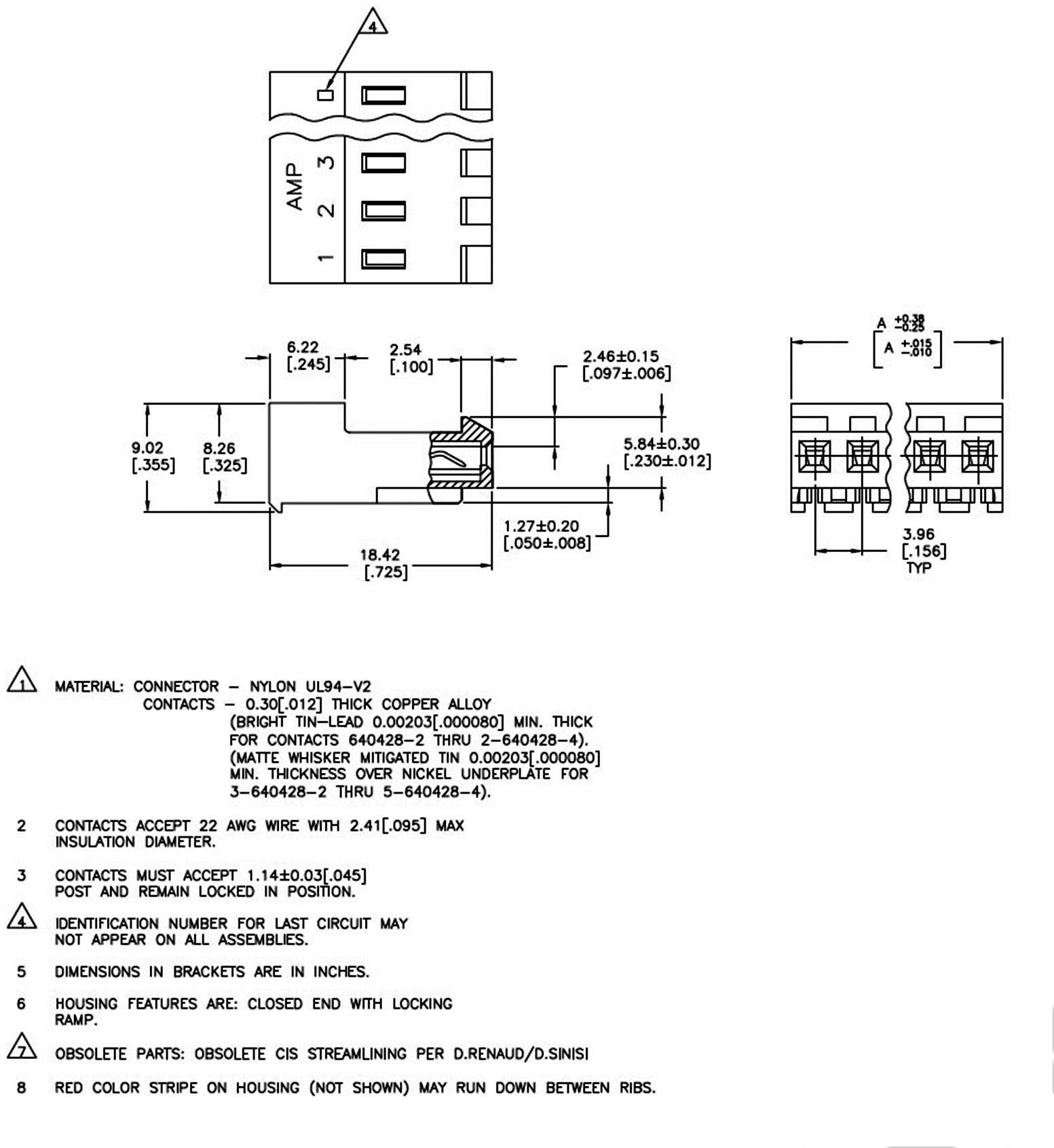 'Technical drawing of an AMP connector made of nylon, showing dimensions, materials and specific contact characteristics.'