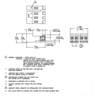 'Technical drawing of an AMP connector made of nylon, showing dimensions, materials and specific contact characteristics.'