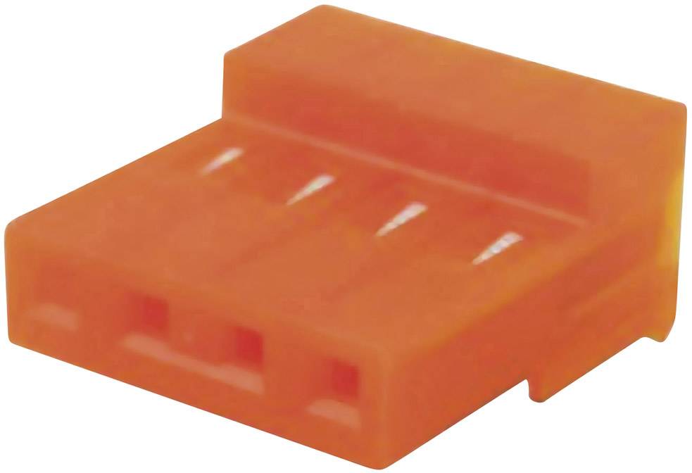 A small, orange plastic plug with three openings, typically used for electrical connections.