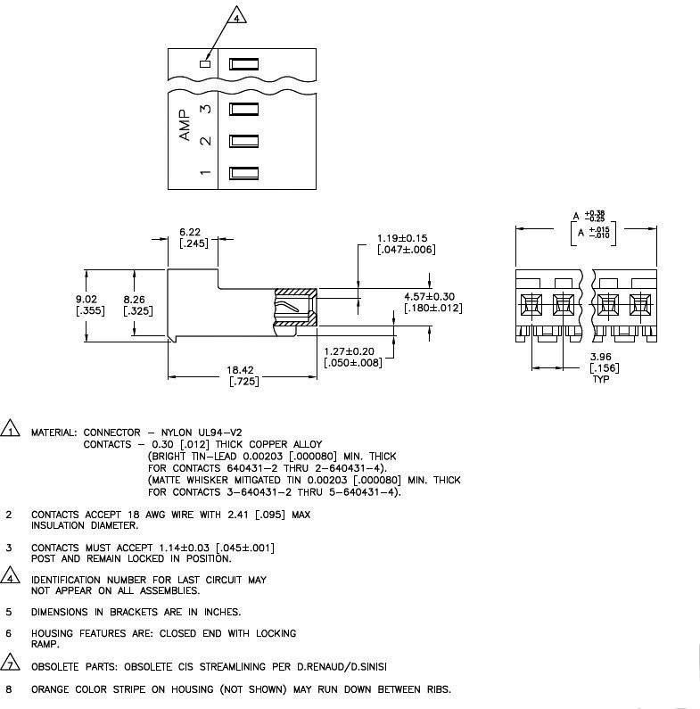 'Technical drawing of a 3-pole connector made of nylon, showing dimensions, material specifications and wire information.'