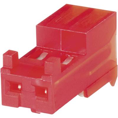 A red plastic plug with two openings, used in electronic applications for securely connecting cables.