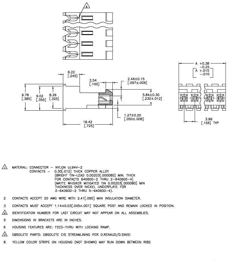 Technical drawing of an electrical connector. Shows dimensions, materials (nylon and copper alloy) and technical specifications.