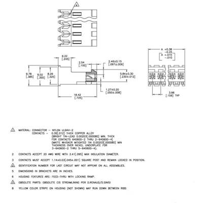 Technical drawing of an electrical connector. Shows dimensions, materials (nylon and copper alloy) and technical specifications.