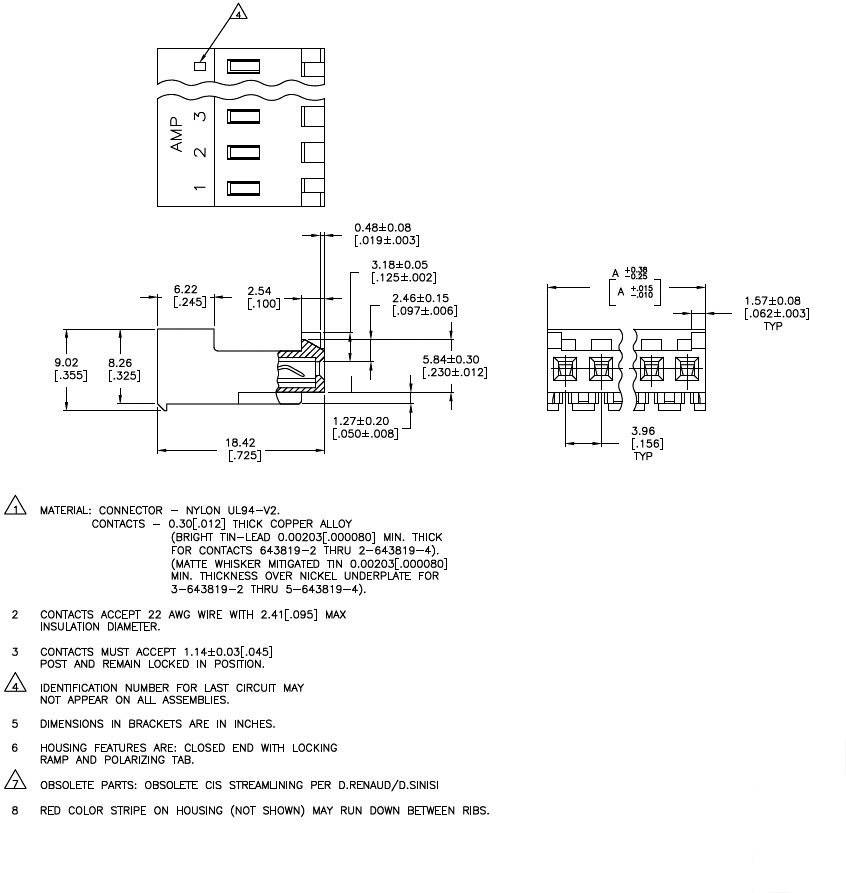 Technical drawing of an electrical connector. Contains dimensions, material specifications, and contact usage specifications.