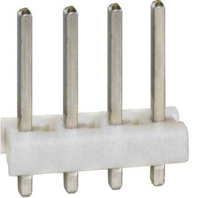 A four-pole pin header connector with metal contacts and a white plastic housing, used for electrical connections.