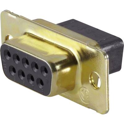'Nine-pin connector' in a rectangular metal mounting, used for electrical connections in electronic devices.