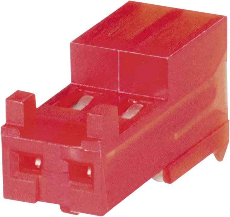 A red electronic connector, rectangular and compact, with two ports, suitable for printed circuit board mounting.