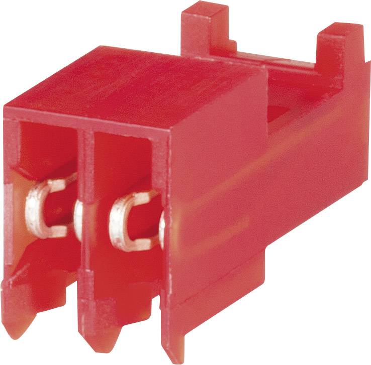 Red two-pole connector, most commonly used in electronic applications. Shows two metal contacts and a plastic casing.