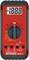 Red multimeter with display, rotary switch for measurement ranges, sockets for test leads. Model 'Benning MM 2'.