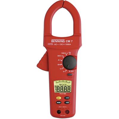 A red ammeter with a digital display, measuring AC and DC up to 1000 amperes. Shows frequency and voltage options.