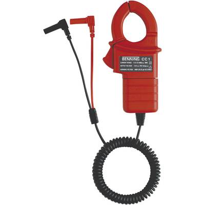 A red current clamp meter with cable and crocodile clip, used for safe current measurement in electrical circuits.
