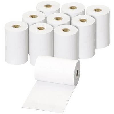 Ten white thermal rolls, mostly standing upright; one is open at the front. Commonly used in till systems.