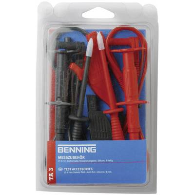 The image shows a set of measuring accessories by the brand BENNING, comprising insulated test probes in red and black, housed in a plastic packaging.