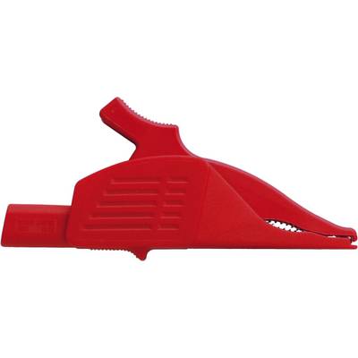Red crocodile clip accessory with serrated jaws, used for securing cables in electrical applications.