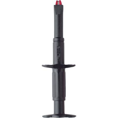 A black pressure chamber adapter with a red tip, vertically aligned. It has handles on both sides.
