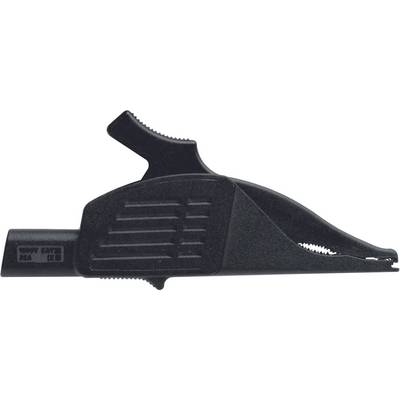 A black alligator clip with ridged handles and insulated cover, used in electrical circuits for secure clamping.