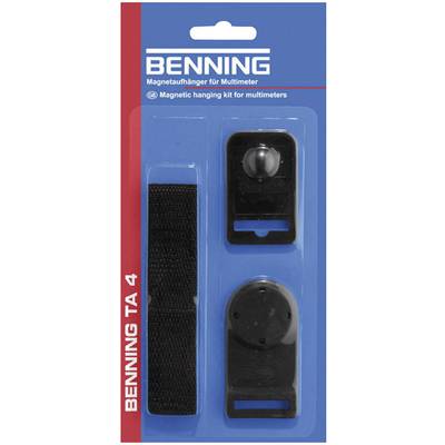 Packaging of the 'BENNING TA 4' magnetic hanger set for multimeters, containing two black holders and a black strap.