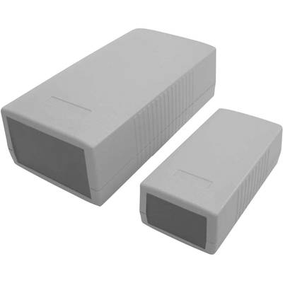 Two rectangular, grey plastic enclosures of different sizes positioned side by side, likely for electronic devices or components.