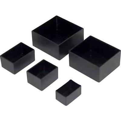 Five black, square and rectangular plastic caps in various sizes, distributed on a white background.