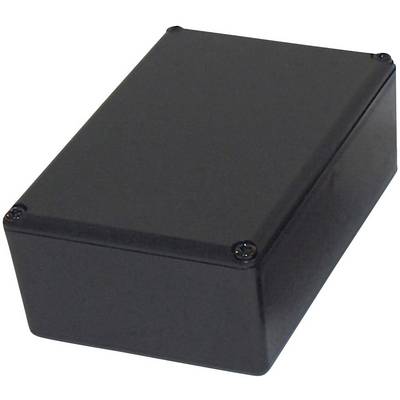 Black rectangular enclosure with screws at the corners, suitable for housing electronic components or circuits.