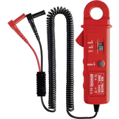 Red clamp meter with spiral cable and clamps. Scale from 40A to 300A. Model: BENNING CC-3.