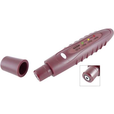 A red voltage tester with a protective cap, showing LED indicators for voltages from 12V to over 400V. Suitable for voltage testing.