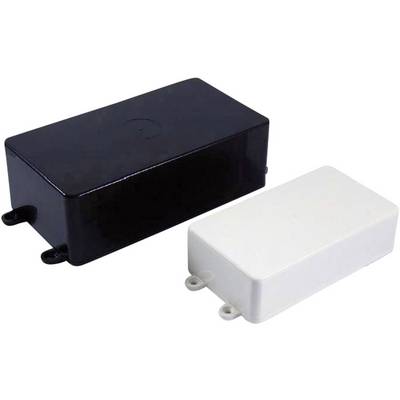 Two rectangular plastic enclosures, one black and one white. Both have rounded edges and are different sizes.