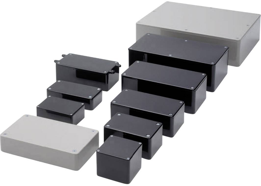 Various sizes of rectangular black and grey enclosures arranged side by side. Suitable for electronic components.