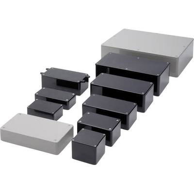 Various sizes of rectangular black and grey enclosures arranged side by side. Suitable for electronic components.